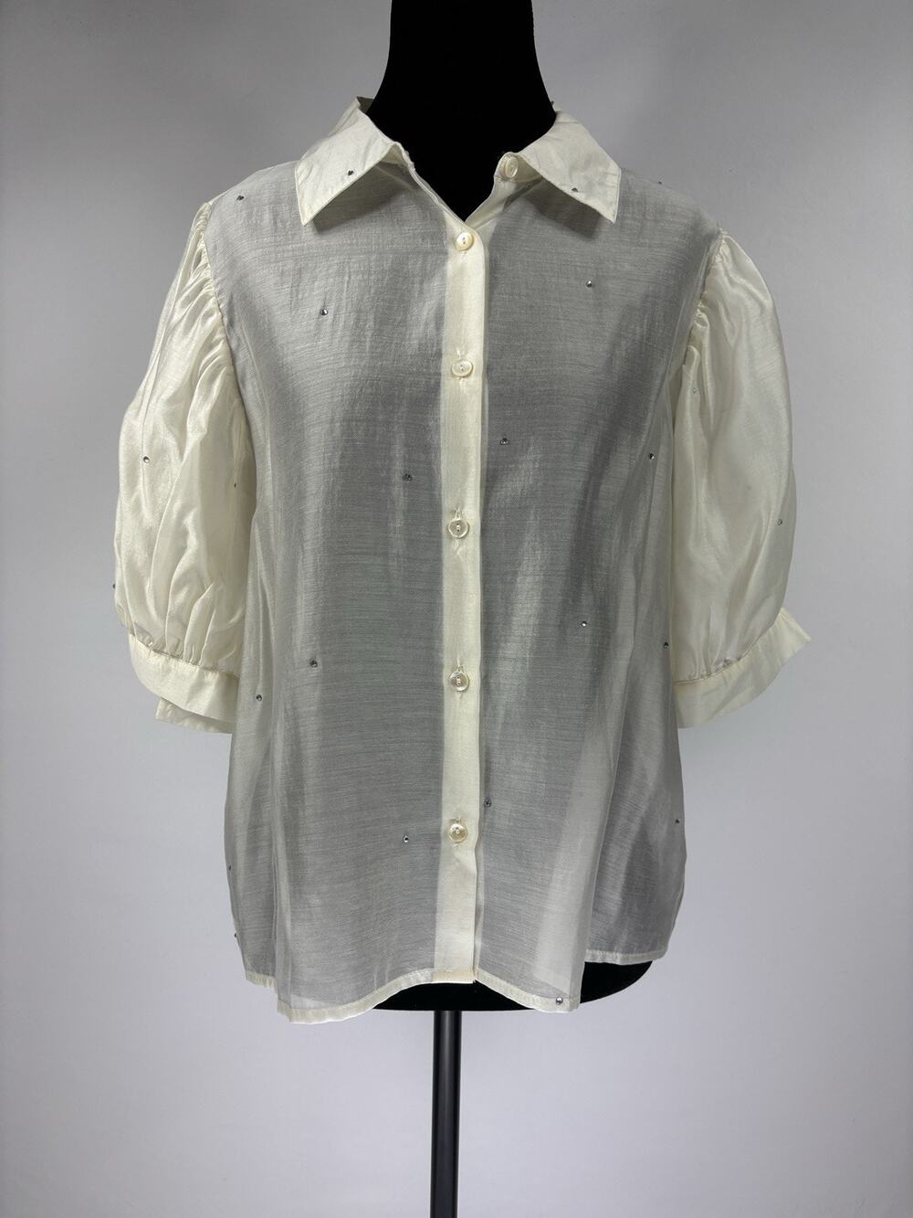 Bailey 44 Sheer Button Down Cream Medium Rhinestones Sparkle Short Puff Sleeve